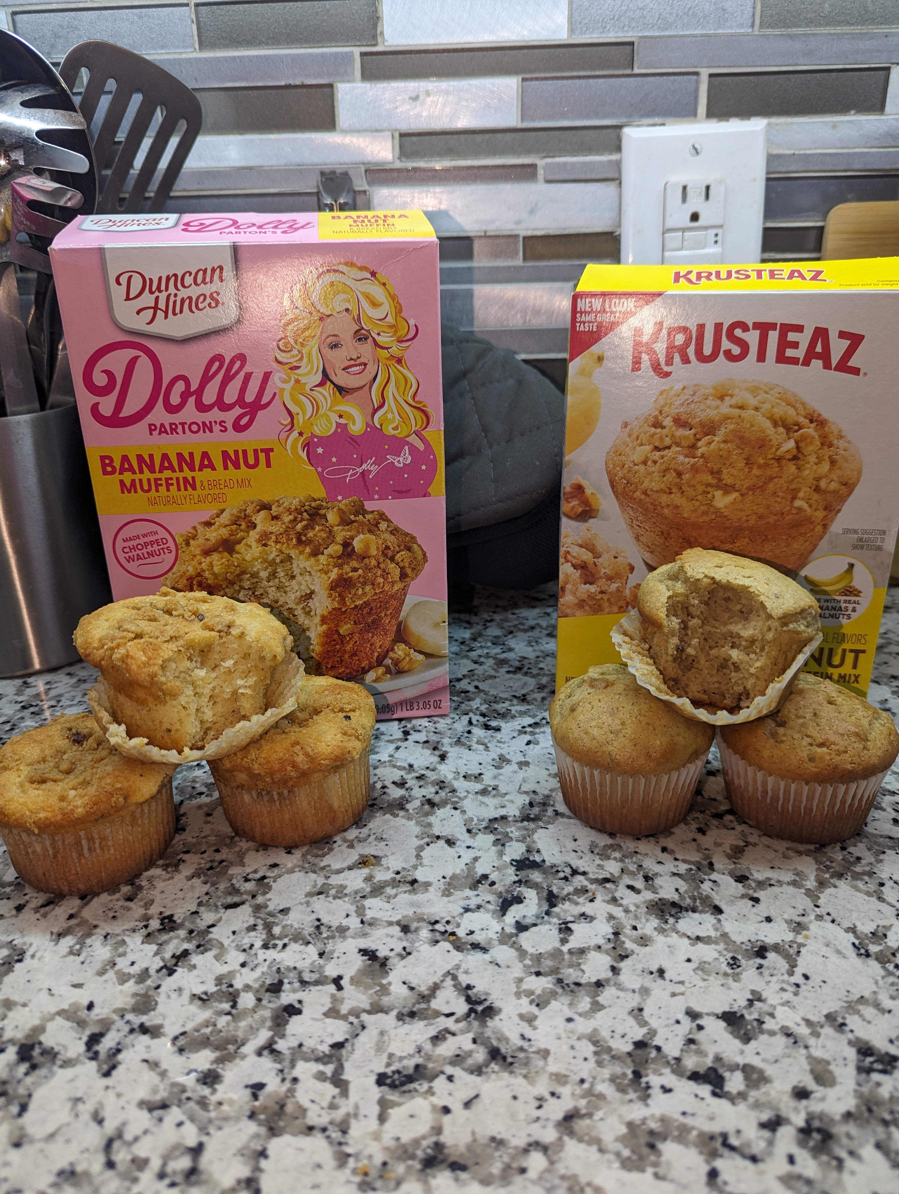 Comparing Krusteaz to Dolly Parton’s line – Banana Nut Muffin Mixes