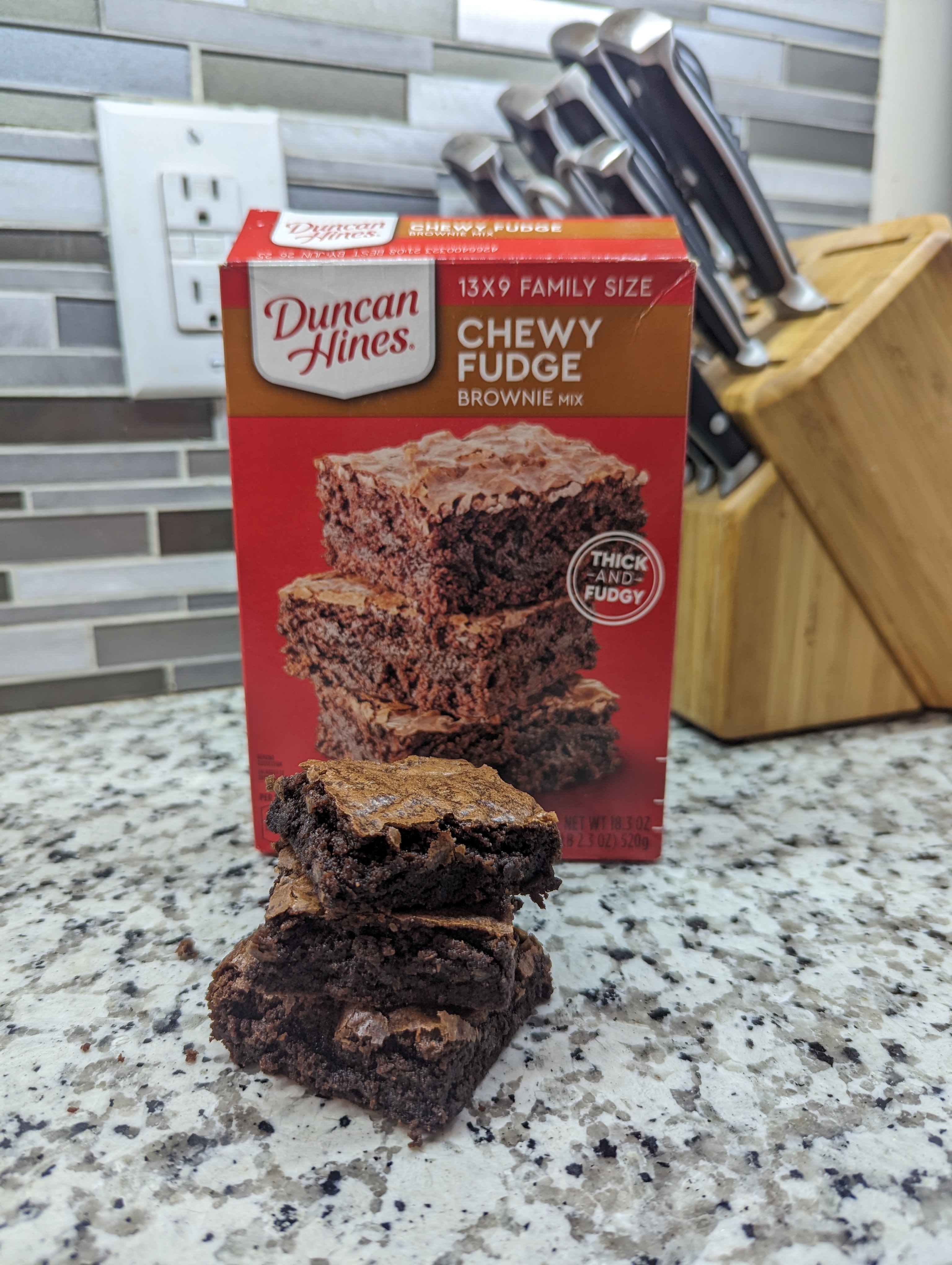 Testing Duncan Hines’ chewy fudge brownie mix “thick and fudgy”