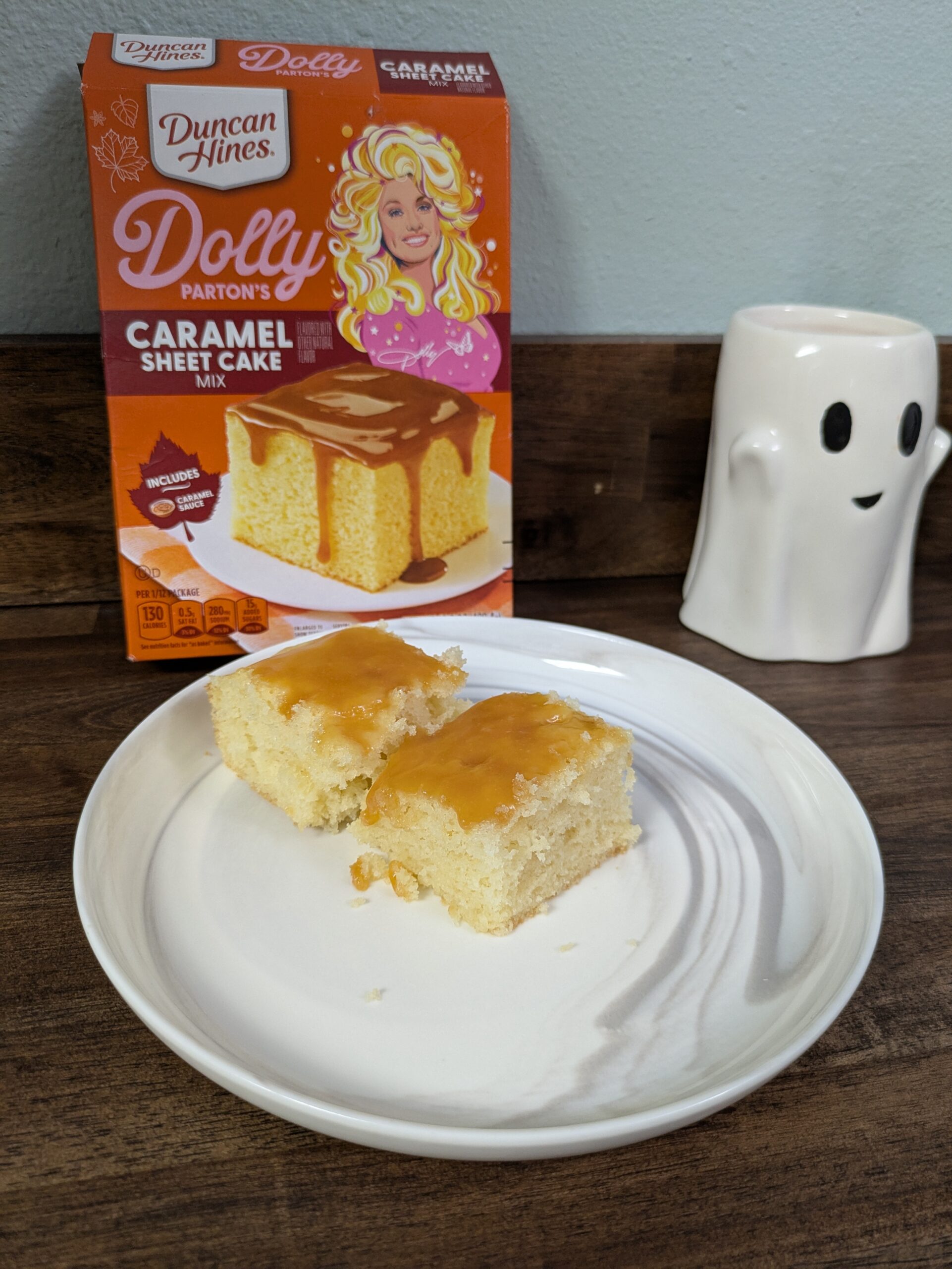 Trying out a Caramel Sheet Cake box mix from Duncan Hines’ Dolly Parton line – a fall exclusive mix