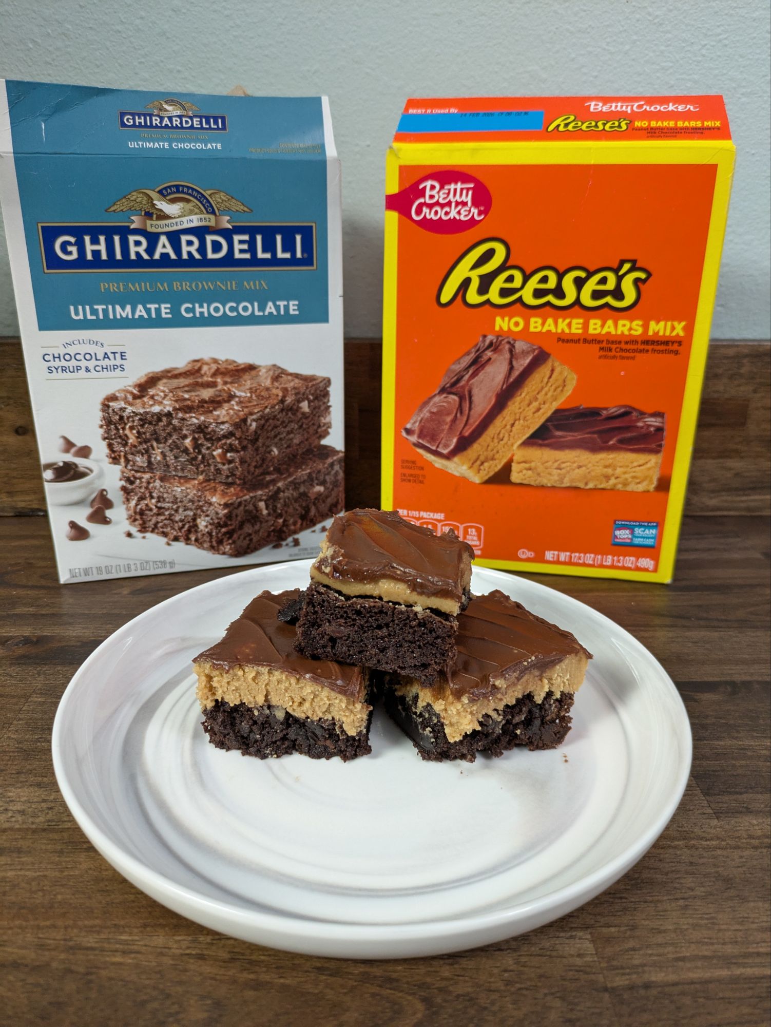 Trying a Facebook hack, combining brownies with Reese’s no bake bars